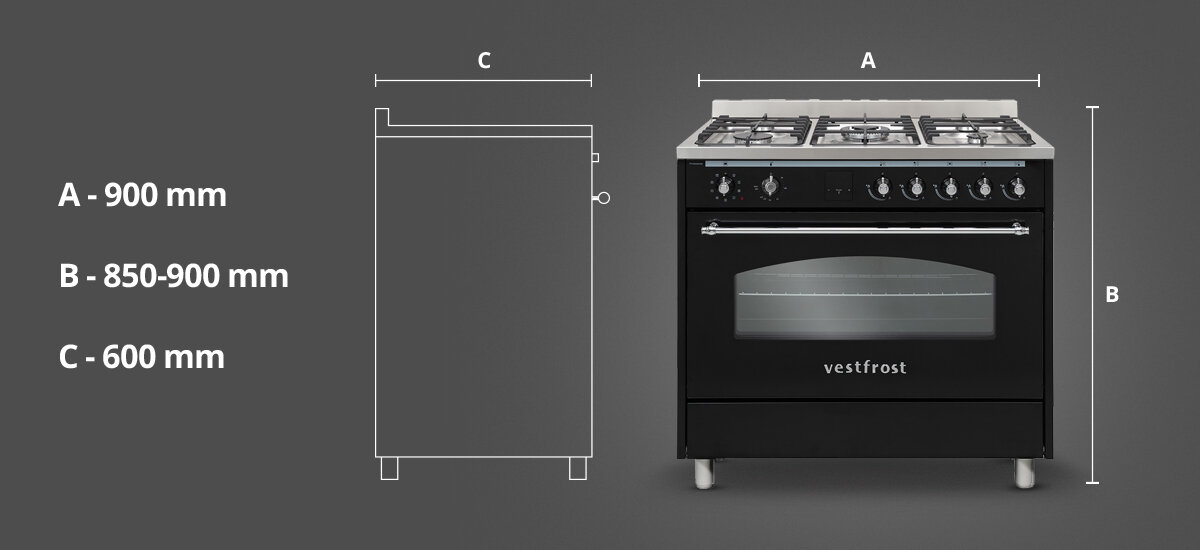 Kuchnia VESTFROST VC-993WNPBK.2 Na zdjęciu znajduje się rysunek techniczny oraz zdjęcie kuchni gazowej Vestfrost wraz z jej wymiarami: szerokością 900 mm, wysokością regulowaną w zakresie 850–900 mm oraz głębokością 600 mm. Grafika ułatwia sprawdzenie, czy urządzenie zmieści się w planowanym miejscu montażu szerokość 90 cm głębokość 60 cm wysokość 85-90 cm regulowane nóżki dopasowanie do blatu większy rozmiar duże możliwości czarno satynowe wykończenie stylowe wyposażenie