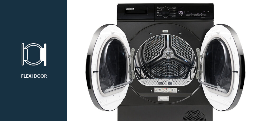 Suszarka VESTFROST VT-FD4EHY70EU Na zdjęciu widać suszarkę Vestfrost z szeroko otwartymi podwójnymi drzwiami FLEXI DOOR, które umożliwiają wygodne wkładanie i wyjmowanie odzieży. Po lewej stronie znajduje się grafika przedstawiająca funkcję elastycznych, praktycznych drzwi urządzenia FLEXI DOOR zmiana kierunku otwierania drzwi z odwracalnymi drzwiami do zabudowy elastyczny montaż do małej przestrzeni