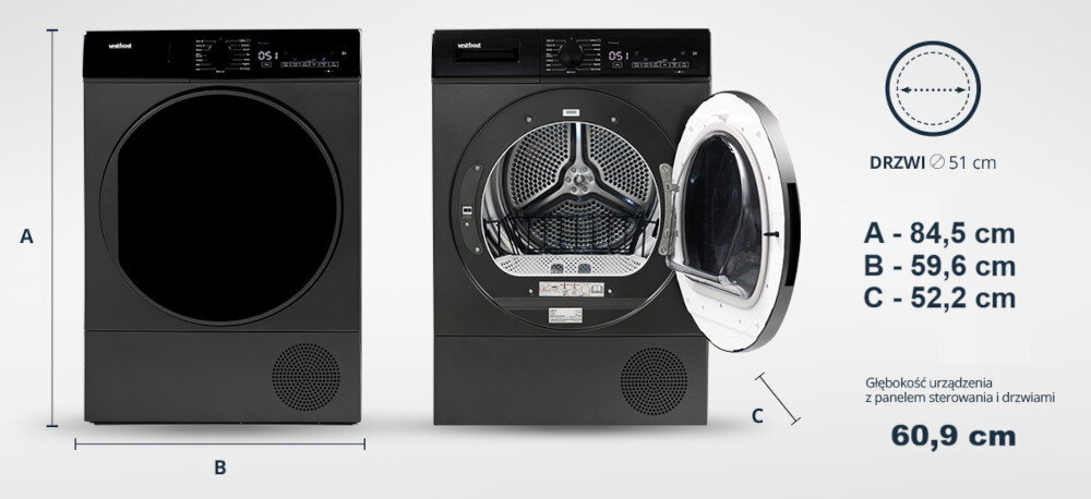 Suszarka VESTFROST VT-FD4EHY70EU Na zdjęciu przedstawiono dwa widoki suszarki Vestfrost: z zamkniętymi i otwartymi drzwiczkami. Po prawej stronie podane są wymiary urządzenia