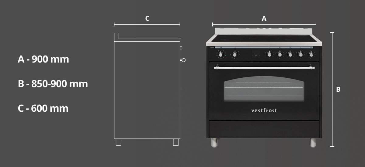 Kuchnia VESTFROST VC-993WNPIBK.2 Na zdjęciu znajduje się rysunek techniczny oraz zdjęcie kuchni gazowej Vestfrost wraz z jej wymiarami: szerokością 900 mm, wysokością regulowaną w zakresie 850–900 mm oraz głębokością 600 mm. Grafika ułatwia sprawdzenie, czy urządzenie zmieści się w planowanym miejscu montażu szerokość 90 cm głębokość 60 cm wysokość 85-90 cm regulowane nóżki dopasowanie do blatu większy rozmiar duże możliwości bordowo satynowe wykończenie stylowe wyposażenie