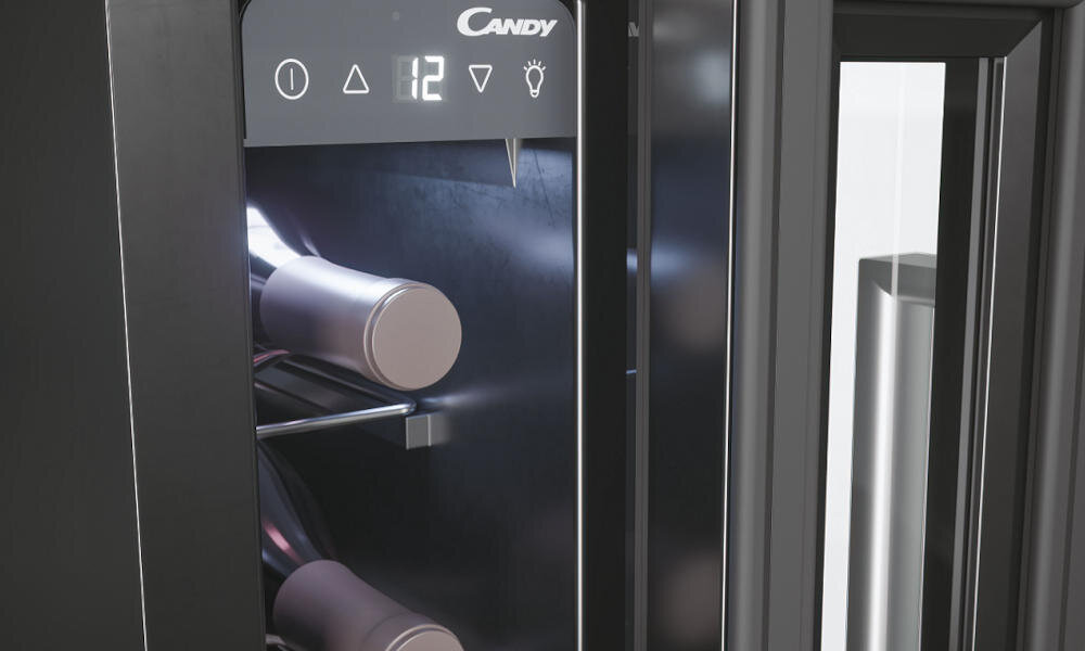 CANDY DiVino CCVB 15/1 półki chłodziarka chromowana stal nierdzewna deisgn wszechstronność butelki blokada