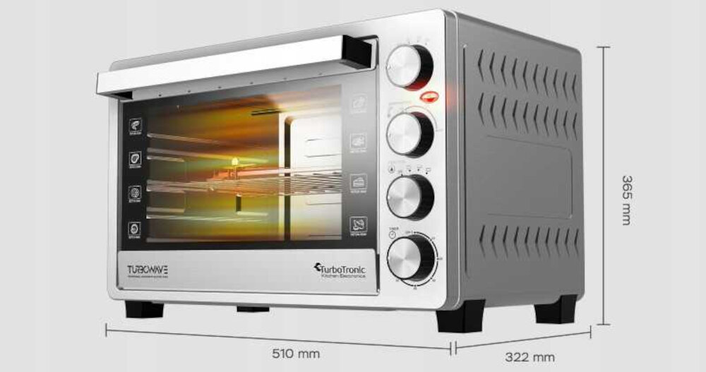 Mini piekarnik TURBOTRONIC TT-EVS45 Srebrny Solidna konstrukcja Stal nierdzewna wewnątrz i na zewnątrz zachowuje świetny wygląd higiena wymiary