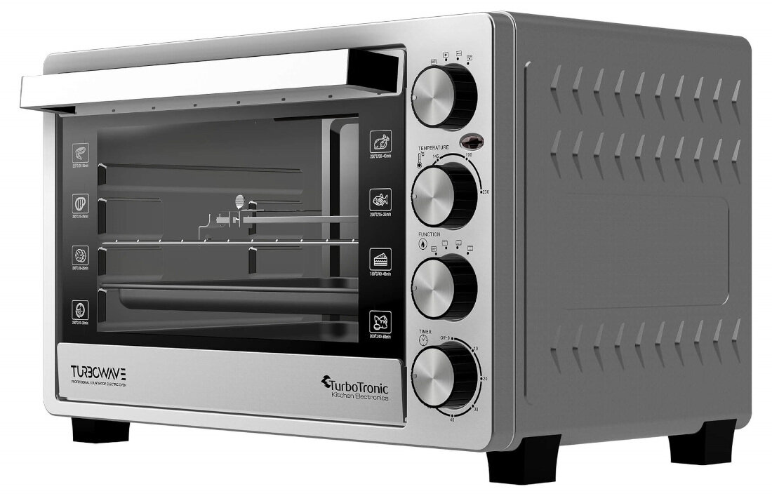 Mini piekarnik TURBOTRONIC TT-EVS45 Srebrny Przemyślana izolacja Podwójna szyba  Drzwiczki pozostają chłodne
