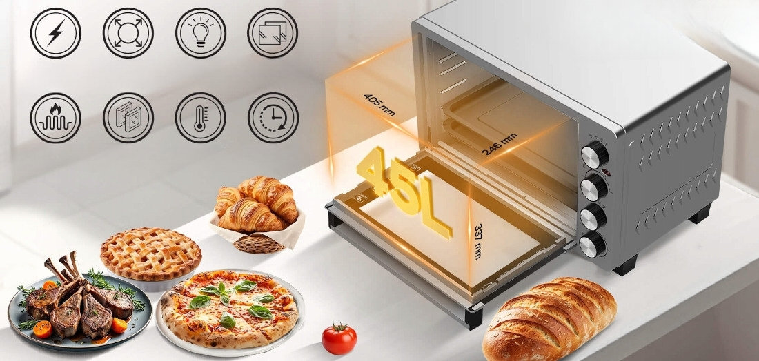 Mini piekarnik TURBOTRONIC TT-EVS45 Srebrny Pojemność na co dzień Pojemność 38 litrów  duże formy i kilka poziomów tacek