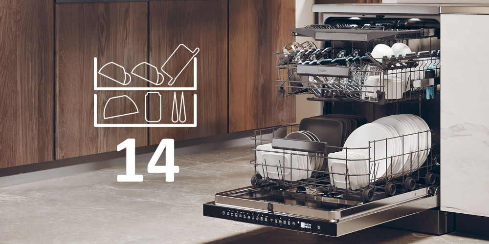 ZMYWARKA HAIER I-PRO SHINE XF 4A4M4PX AI SMART zdjęcie lifestyle otwarta front naczynia załadunek strzałki pojemność Maxi Tub pojemność wymiary ładowność 14 kompletów naczyń