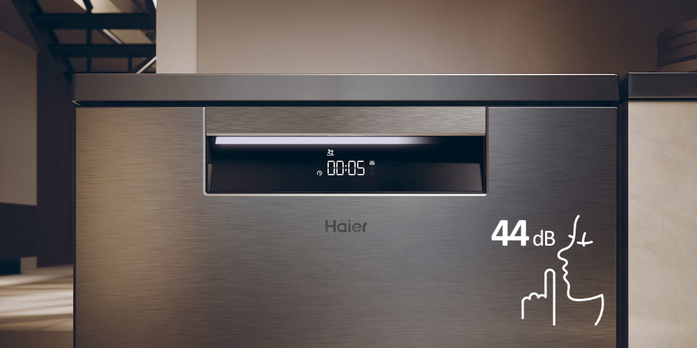 ZMYWARKA HAIER I-PRO SHINE XF 4A4M4PX AI SMART zdjęcie lifestyle ikona grafika front zamknięta godzina panel Cicha praca około 44 db bezgłośna praca bez zakłócania spokoju