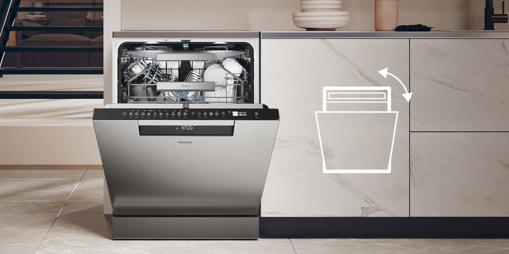 ZMYWARKA HAIER I-PRO SHINE XF 4A4M4PX AI SMART zdjęcie lifestyle ikona grafika uchylone drzwi salon sofa kuchnia meble Automatyczne otwieranie drzwi