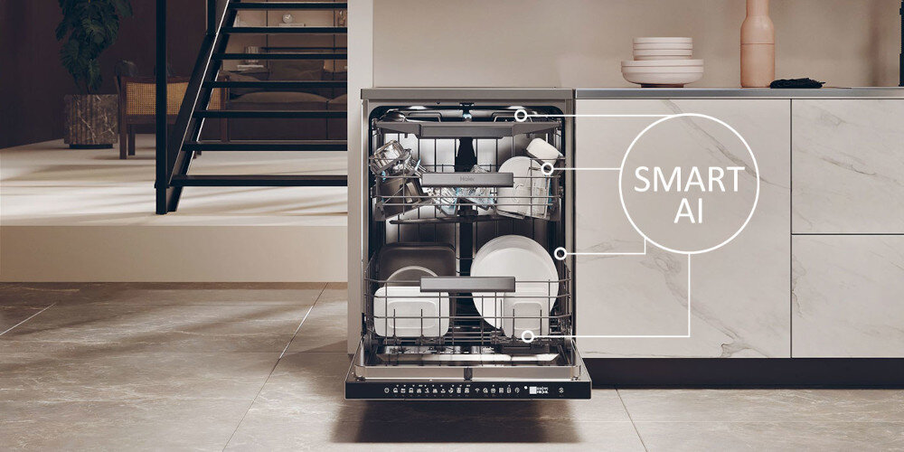 ZMYWARKA HAIER I-PRO SHINE XF 4A4M4PX AI SMART zdjęcie lifestyle ikona grafika panel otwarta zabudowa naczynia wnętrze kosze pełne Automatyczny dobór parametrów wbudowane czujniki analiza poziomu wody oszczędności