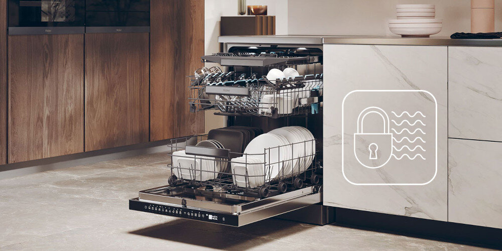 ZMYWARKA HAIER I-PRO SHINE XF 4A4M4PX AI SMART zdjęcie lifestyle front ikona grafika kłódka zamknięta kuchnia zabudowa System Total Water Block Total Water Block blokada ochrona przed zalaniem niezawodność bezpieczeństwo użytkowanie AquaStop