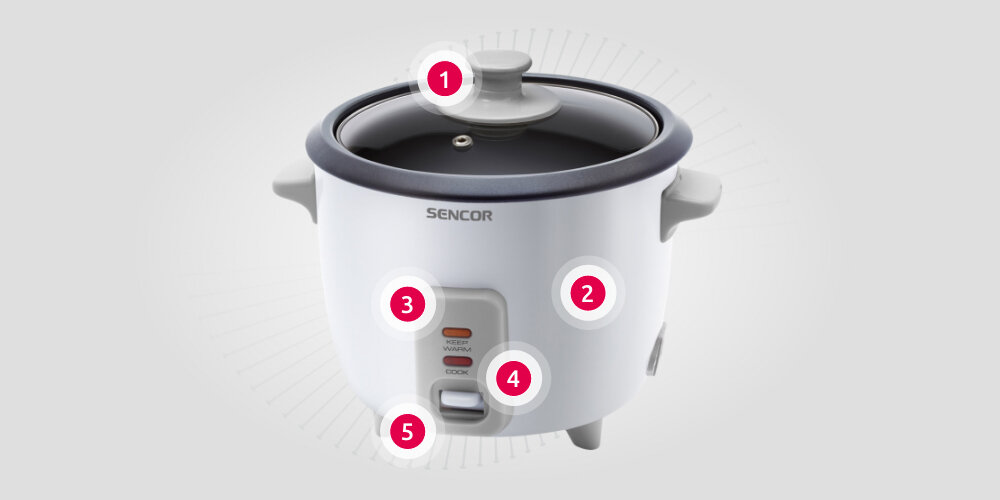 Ryżowar SENCOR SRM 0600WH funkcjonalny pokrywka uchwyt otwór wyjmowane naczynie nieprzywierająca powłoka Kontrolka świetlna KEEP WARM Kontrolka świetlna COOK Przełącznik trybu pracy
