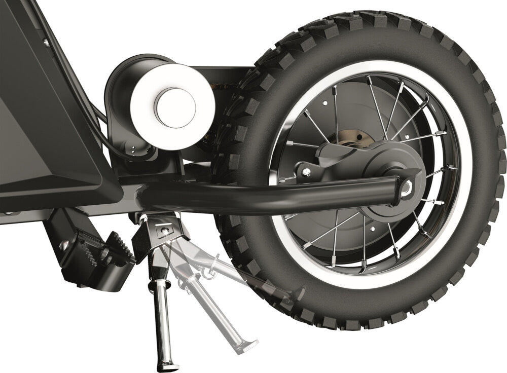 Motorek dla dziecka RAZOR Dirt Rocket MX125 Czarno-czerwony składana stopka wytrzymała nóżka zamontowana w centralnym punkcie ciężkości