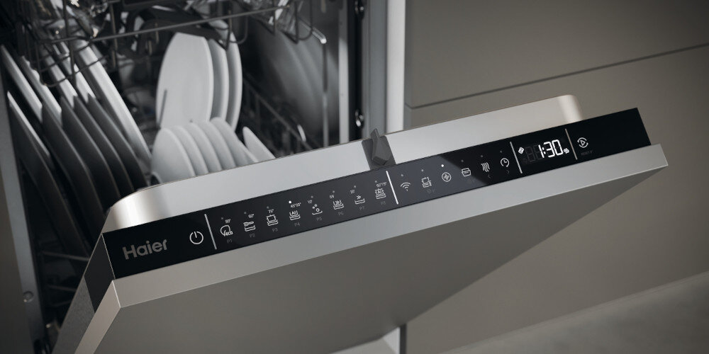 Zmywarka HAIER AI XI1C1TB4LPCFB panel uchylone drzwi załadowane naczynia automatyczne otwieranie drzwi naturalne suszenie swobodna cyrkulacja powietrza eliminacja nieprzyjemych zapachów