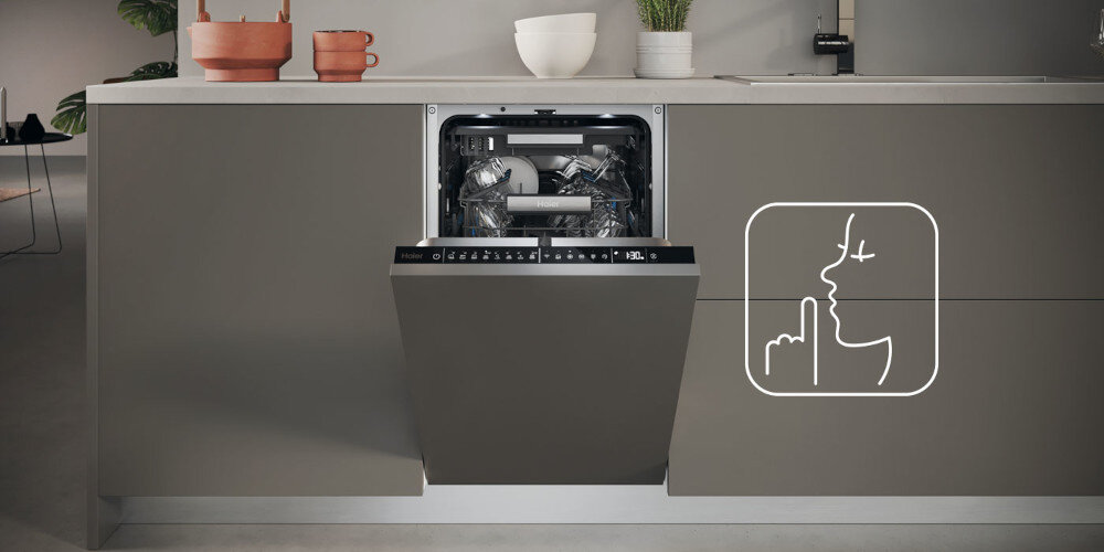 Zmywarka HAIER AI XI1C1TB4LPCFB otwarta wnętrze ikona grafika cicha komfortowa wysoka wydajność bez zakłócania spokoju poziom dźwięku 41 dB