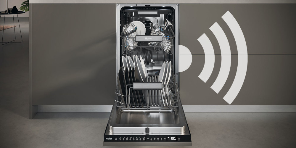 Zmywarka HAIER AI XI1C1TB4LPCFB grafika ikona Wi-Fi połączenie otwarta zmywarka Wi-Fi hOn aplikacja zdalne sterowanie smartfonem tabletem kontrola poza domem przypomnienia powiadomienia informacje stan zmywarki wskazówki konserwacja praca bez zarzutu