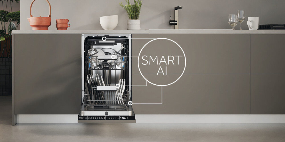 Zmywarka HAIER AI XI1C1TB4LPCFB Automatyczny dobór parametrów Inteligentny program analiza stopień zabrudzenia zaawansowany algorytm temperatura czas mycia zużycie wody prądu oszczędności