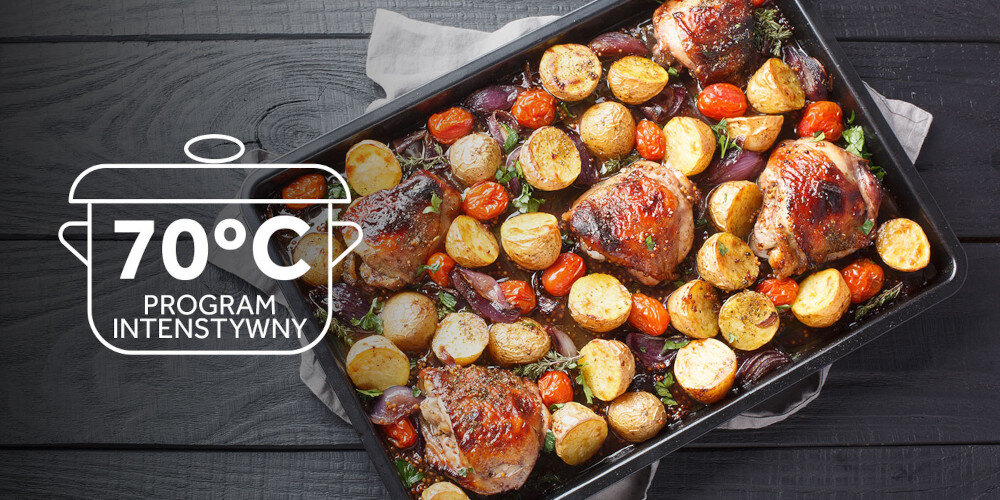 Zmywarka HAIER AI XI1C1TB4LPCFB potrawa naczynie warzywa mięso pomidory cebula upieczone danie zapiekane brytfanna na blacie blat Program Intensywny oszczędność czasu usuwanie najtrudniejszych zabrudzeń wysoka temperatura 70°C brytfanny garnki patelnie