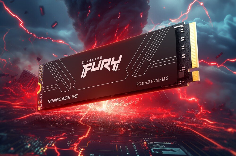 Obraz przedstawia dysk SSD z napisem \'KINGSTON FURY Renegade G5 PCIe 5.0 NVMe M.2\' na tle dynamicznej, czerwono-niebieskiej scenerii z błyskawicami i chmurami. Dysk jest czarny z białymi napisami i złotymi elementami na końcu.