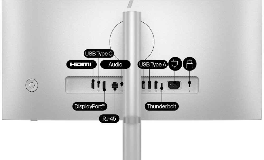 Komputer All in One HP EliteStudio 8 G1I SL Zbliżenie na dolną część tyłu obudowy monitora z podpisanymi portami: HDMI, USB Type C, DisplayPort, RJ-45, Audio, USB Type A, Thunderbolt, gniazdem zasilania i blokadą kensington, złącza, porty
