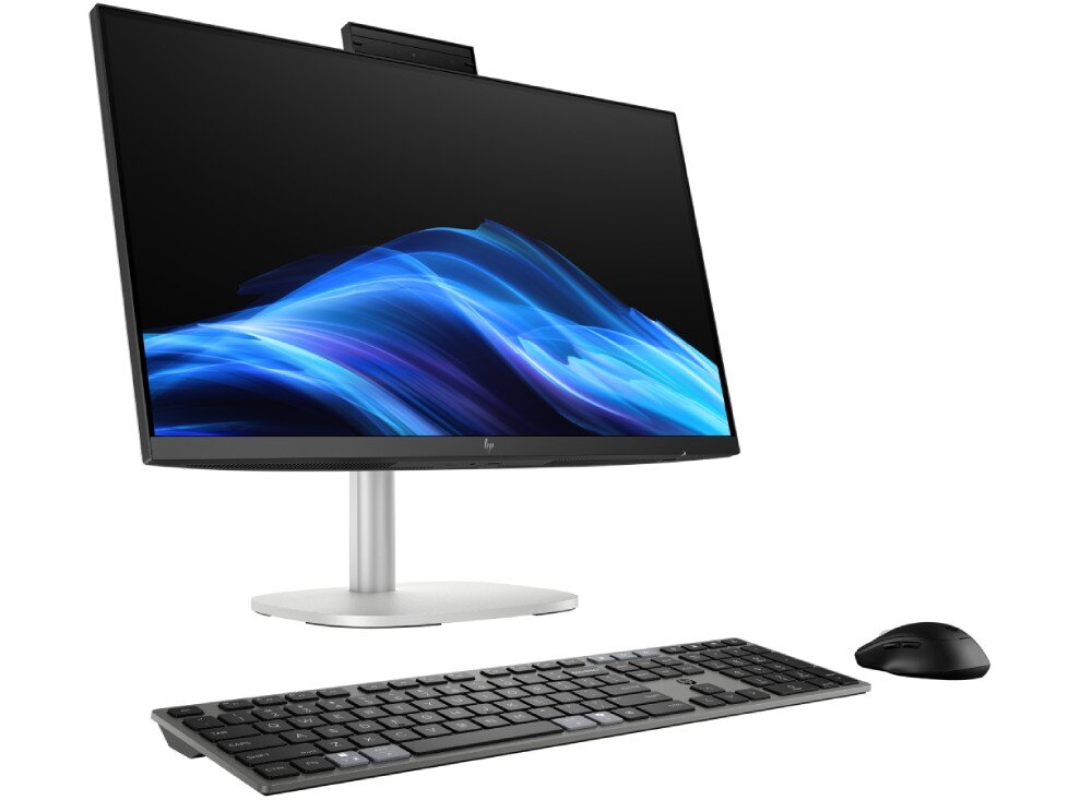 Komputer All in One HP EliteStudio 8 G1I SL Komputer typu All in One z czarną klawiaturą i myszą zaprezentowany na czystym, białym tle z kolorową grafiką na wyświetlaczu, wytrzymałość, testy