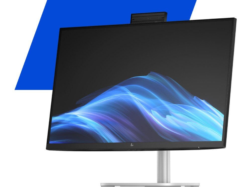 Komputer All in One HP EliteStudio 8 G1I SL Komputer typu All in One ustawiony pod kątem na białym tle z niebieskim elementem graficznym, wyświetlający niebieską, falistą grafikę na ekranie, podstawa, regulacja, ergonomia
