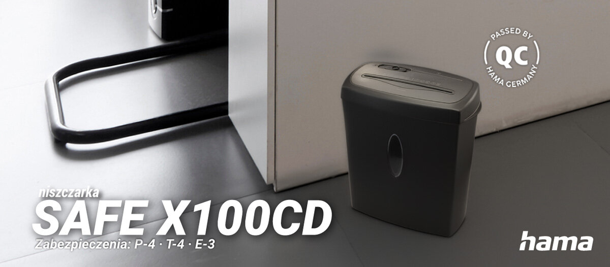 Niszczarka HAMA Safe X100CD Shredder P-4, Ścinki, Automatyczny Start/Stop, Funkcja cofania Skuteczna ochrona danych niszczarka postawiona przy biurku w biurze napis z modelem i marką z dopisem zabezpieczeń