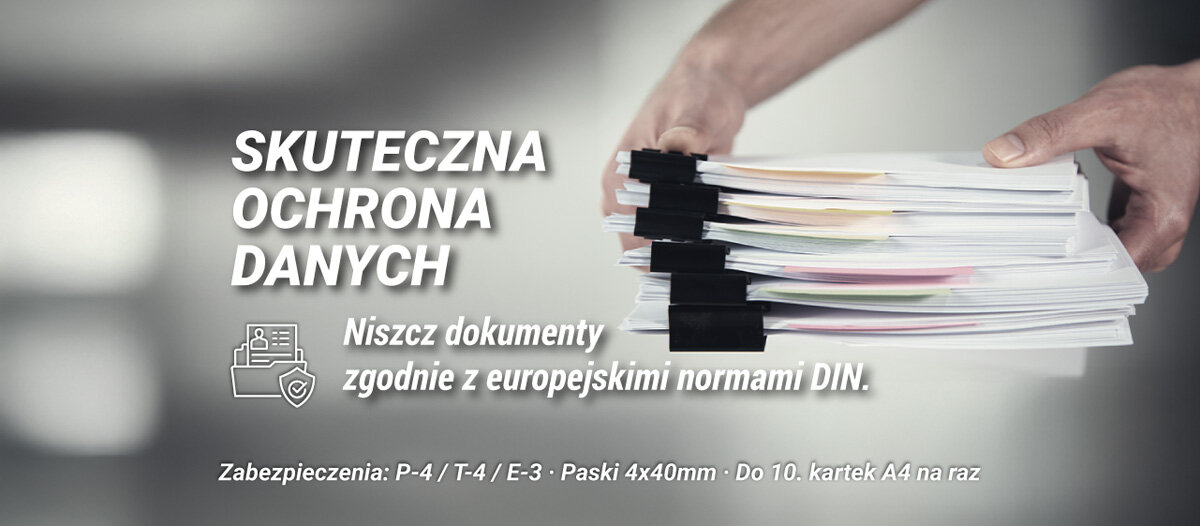 Niszczarka HAMA Safe X100CD Shredder P-4, Ścinki, Automatyczny Start/Stop, Funkcja cofania napis skuteczna ochrona danych niszcz dokumenty zgodnie z europejskimi normami DIN w tle stosy dokumentów trzymane w dłoniach Bezpieczne niszczenie danych ochrona poufnych danych RODO do 10 arkuszy papieru DIN A4 stare umowy dokumenty rachunki