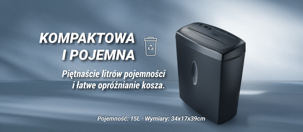 Niszczarka HAMA Safe X100CD Shredder P-4, Ścinki, Automatyczny Start/Stop, Funkcja cofania prezentacja niszczarki napis piętnaście litrów pojemności i łatwe opróżnianie kosza na dole pojemność oraz wymiary Wygodny pojemnik pojemność 15 litrów stabilna konstrukcja