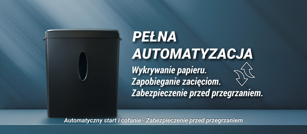 Niszczarka HAMA Safe X100CD Shredder P-4, Ścinki, Automatyczny Start/Stop, Funkcja cofania pełna automatyzacja wypisane cechy niszczarka na niebieskim tle z poświatą padającego światła Automatyczna i bezproblemowa oszczędność czasu