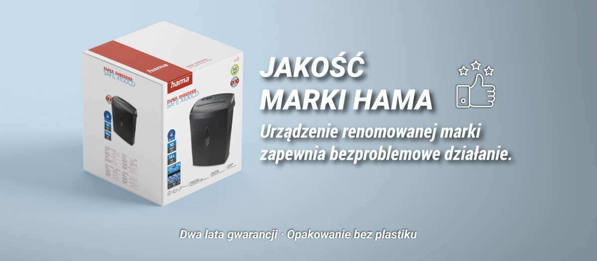 Niszczarka HAMA Safe X100CD Shredder P-4, Ścinki, Automatyczny Start/Stop, Funkcja cofania prezentacja opakowania niszczarki na szaro-niebieskim tle napis jakość marki Hama Trwałe i mocne ostrza ze stali zszywki spinacze