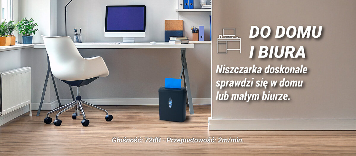 Niszczarka HAMA Safe X100CD Shredder P-4, Ścinki, Automatyczny Start/Stop, Funkcja cofania prezentacja niszczarki w jasnym gabinecie obok napis na brązowej ścianie do domu i biura na dole głośność i przepustowość Bezpieczna praca zabezpieczenie przed przegrzaniem wskaźniki LED