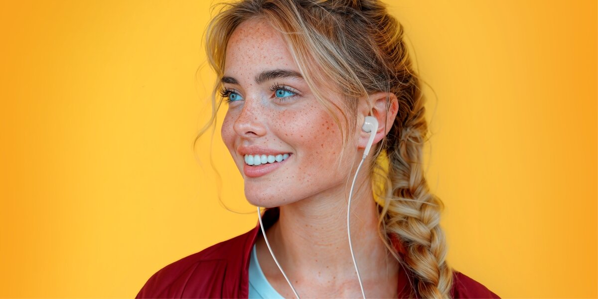 Słuchawki douszne HAMA Glow II Biały Uśmiechnięta kobieta z piegami używająca białych słuchawek dousznych Hama ze złączem Lightning na żółtym tle.