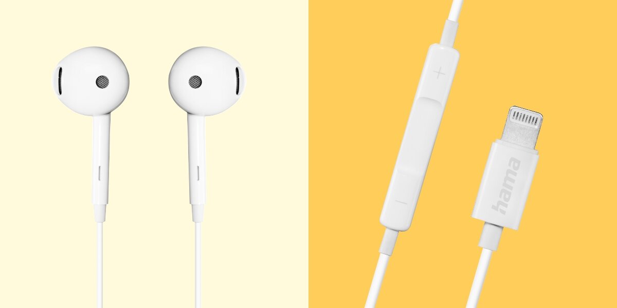 Słuchawki douszne HAMA Glow II Biały Białe słuchawki douszne Hama z pilotem sterującym oraz wtykiem Lightning do iPhone – widok z przodu.