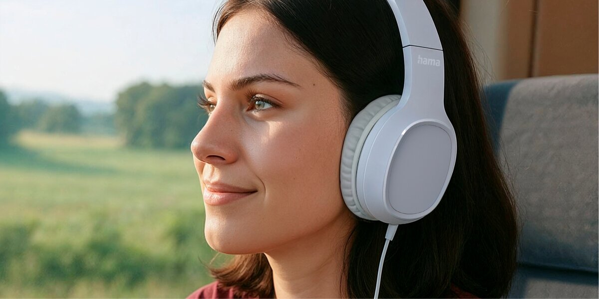 Słuchawki nauszne HAMA Fun C Biały Młoda uśmiechnięta kobieta w białych słuchawkach nagłownych Hama, patrząca przez okno pociągu na letni krajobraz.