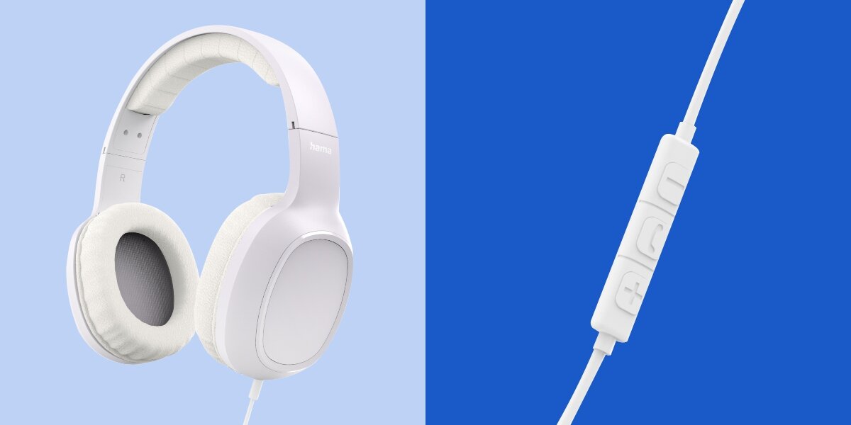 Słuchawki nauszne HAMA Fun C Biały Białe słuchawki przewodowe Hama z miękkimi nausznikami oraz zbliżenie na pilot sterujący z przyciskami regulacji głośności i odbierania połączeń.