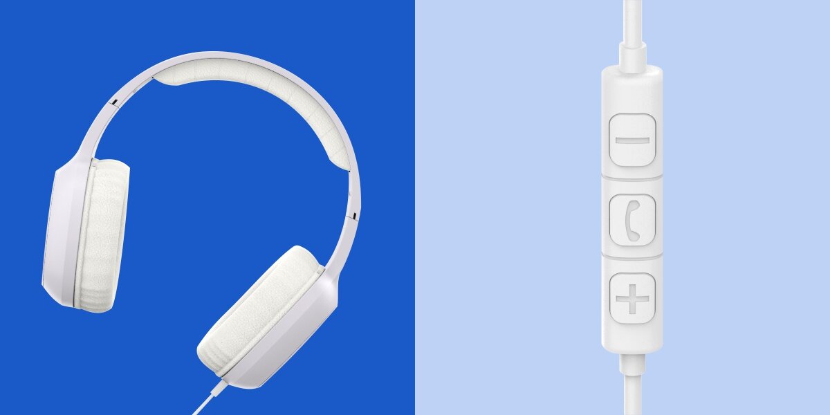 Słuchawki nauszne HAMA Fun C Biały Profil białych słuchawek Hama z wyściółką pałąka oraz detal pilota zdalnego sterowania z wyraźnymi symbolami plus, minus i słuchawki.