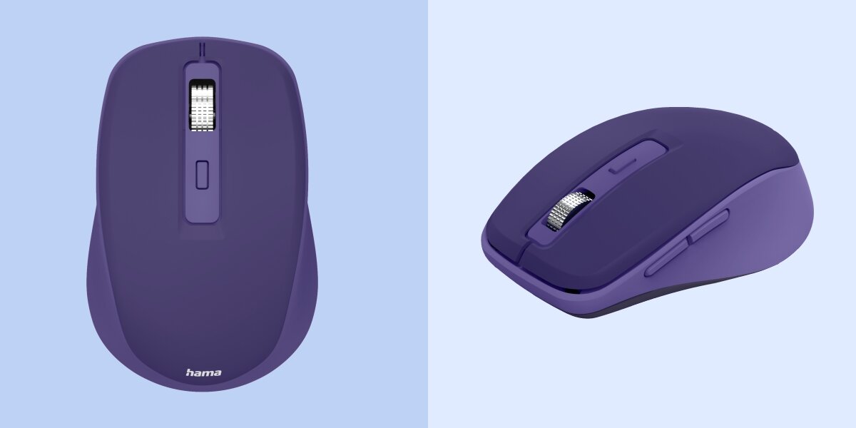 Mysz HAMA WM-450 Niebieski Mysz optyczna Hama w kolorze fioletowym – widok z góry na przyciski i metalową rolkę przewijania oraz widok z boku na ergonomiczny profil.