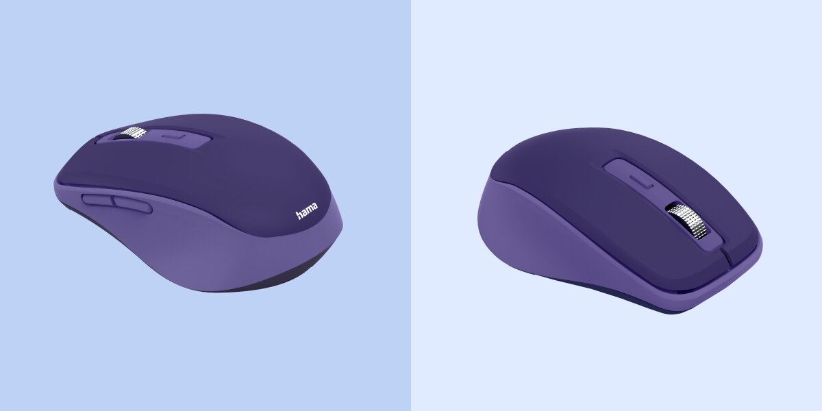 Mysz HAMA WM-450 Niebieski Dwa ujęcia fioletowej myszy bezprzewodowej Hama pod różnym kątem, prezentujące smukły design i metalowe kółko scrolla.