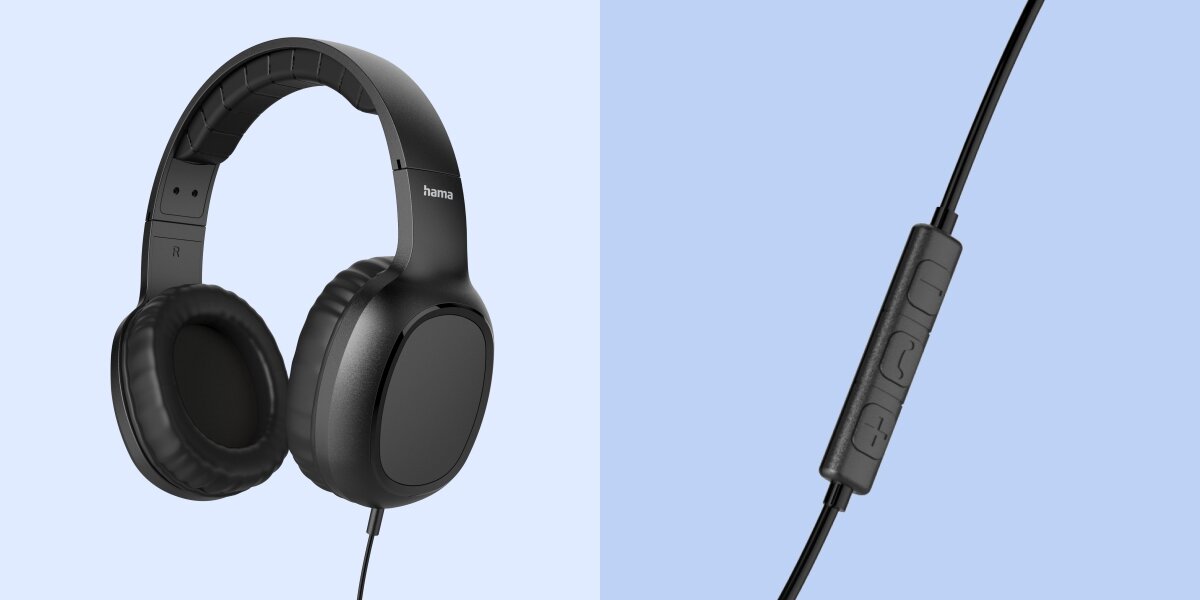 Słuchawki nauszne HAMA Fun C Czarny Czarne słuchawki przewodowe Hama z miękkimi nausznikami oraz zbliżenie na pilot sterujący z przyciskami regulacji głośności i odbierania połączeń.