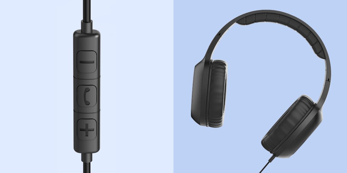 Słuchawki nauszne HAMA Fun C Czarny Profil czarnych słuchawek Hama z wyściółką pałąka oraz detal pilota zdalnego sterowania z wyraźnymi symbolami plus, minus i słuchawki.