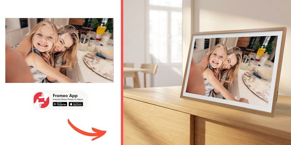 Ramka cyfrowa DENVER Frameo PFF-3263LW Jasnobrązowy prezentacja ramki ze zdjęciem w pokoju obok na białym tle to samo zdjęcie ikona FRAMEO drewniany wygląd rodzinne zdjęcia wspomnienia z podróży dodanie ciepła do wnętrza
