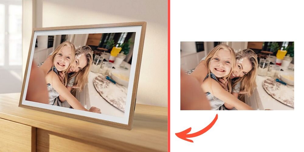 Ramka cyfrowa DENVER Frameo PFF-3263LW Jasnobrązowy prezentacja ramki ze zdjęciem na tle pokoju obok na białym tle ramka ze zdjęciem ekran IPS rozdzielczość rozmiar żywe kolory szeroki kąt widzenia proporcje