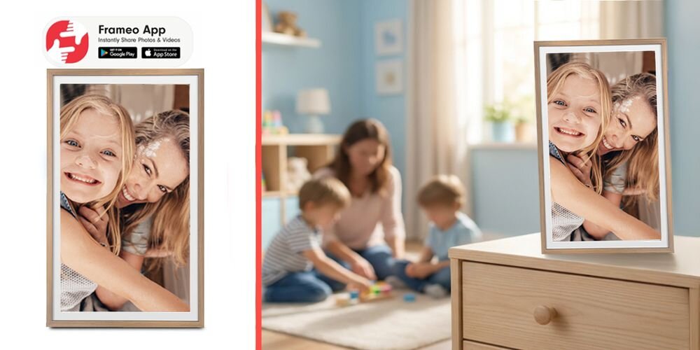 Ramka cyfrowa DENVER Frameo PFF-3263LW Jasnobrązowy prezentacja ramki na regale obok ramka na białym tle ikona FRAMEO prezent aplikacja buduje więzi przywołuje emocje łatwa obsługa