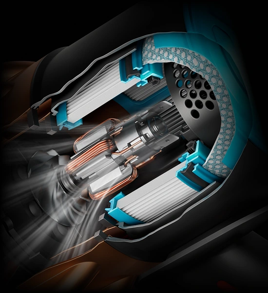 Widok przekroju silnika odkurzacza pokazujący zaawansowany system filtracji HEPA