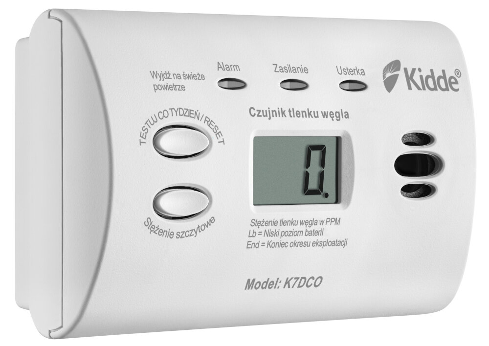Czujnik tlenku węgla czadu KIDDE K7DCO precyzyjny sensor przechowanie w pamieci informacji o wykryciu stezenia CO przekraczającego 100 PPM