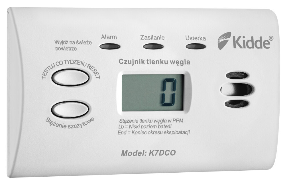Czujnik tlenku węgla czadu KIDDE K7DCO do uzytku w budynkach mieszkalnych gospodarczych publicznych administracyjnych przycisk TEST sprawdzenie testowe stezenia gazu w pomieszczeniu resetowanie sygnalizacji alarmowej