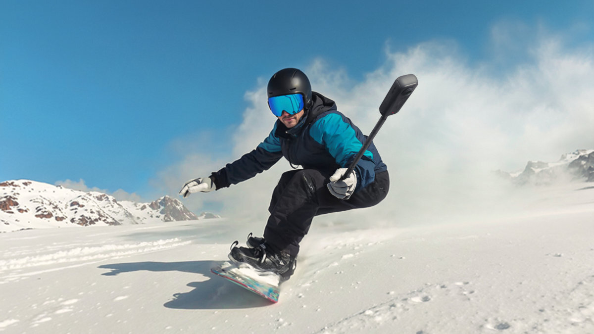 INSTA360 X4 Air Tryb HDR wysoką jakość zdjęć i nagrań za dnia trudnych warunkach oświetleniowych - Snowboardzista wykonujący dynamiczny skręt na śniegu z kamerą
