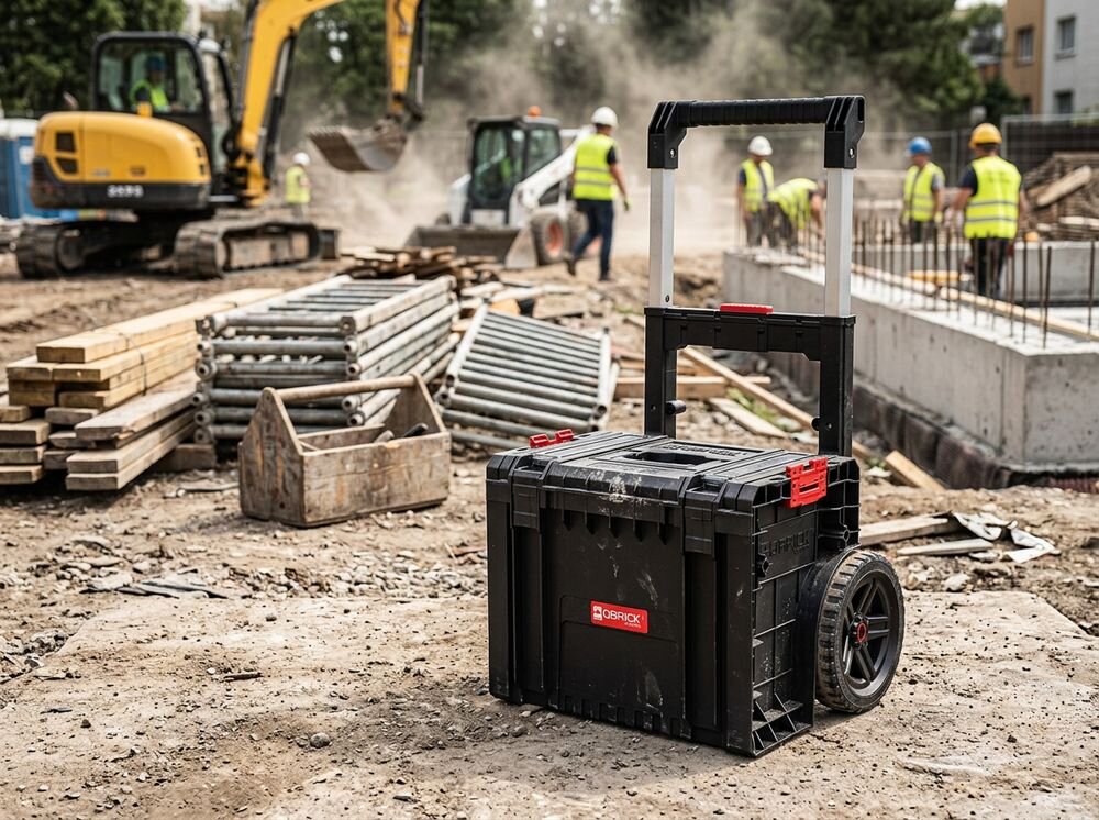 Mobilna skrzynia QBRICK System PRO Cart 2.0 Profi Plus, wygoda, transport, przechowanie, noszenie, Skrzynka narzędziowa na kołach na placu budowy.