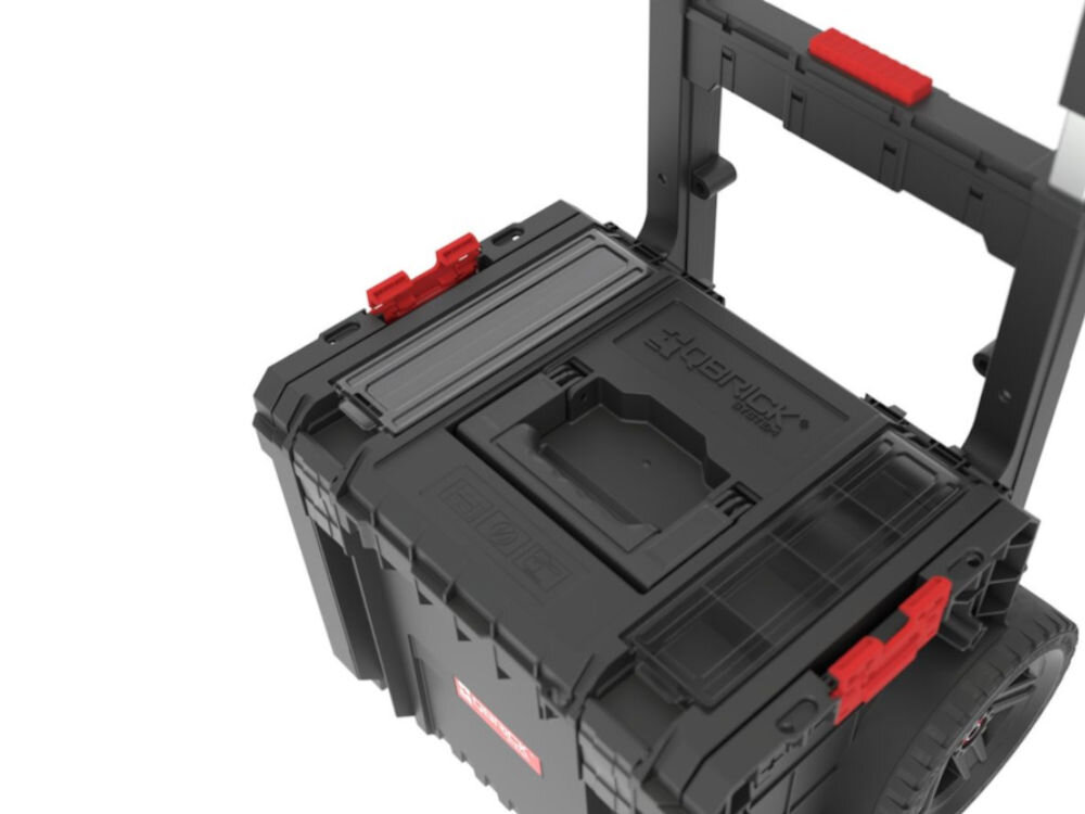Mobilna skrzynia QBRICK System PRO Cart 2.0 Profi Plus, Duże, koła, rączka, teleskopowa, Zbliżenie na górną pokrywę skrzyni narzędziowej.