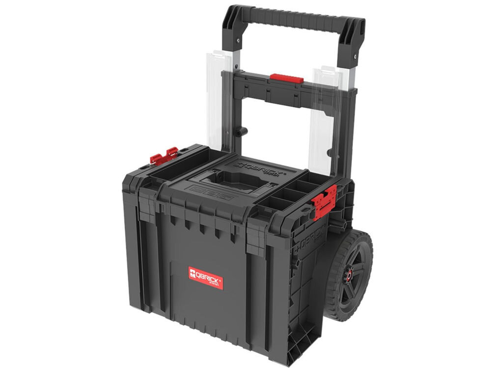 Mobilna skrzynia QBRICK System PRO Cart 2.0 Profi Plus, Przezroczyste, organizery, górna, pokrywa, Skrzynia na kołach z otwartymi schowkami na górze.