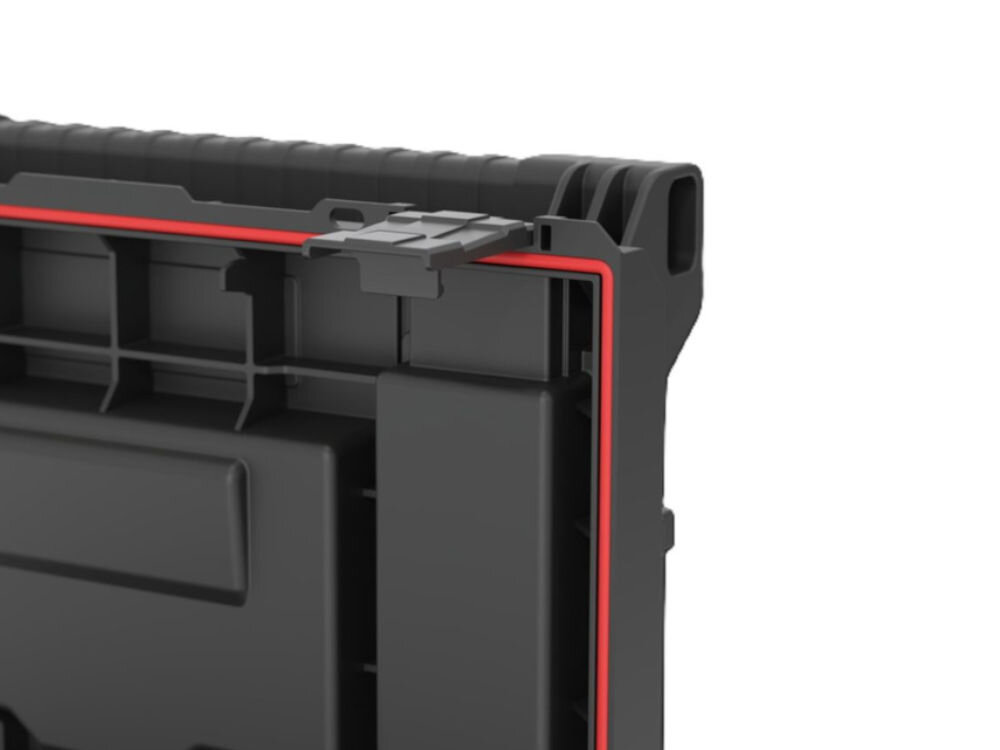 Mobilna skrzynia QBRICK System PRO Cart 2.0 Profi Plus, Uszczelka, ochrona, pył, woda, Detal gumowej uszczelki na krawędzi pokrywy.
